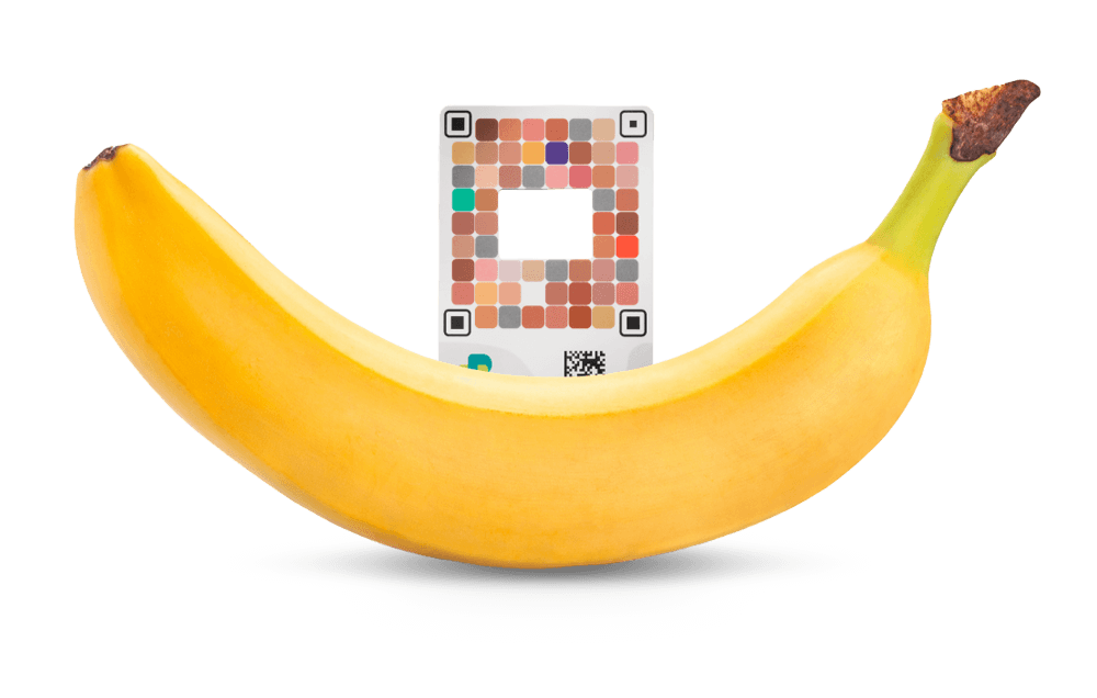 Picterus colour calibration card behind bright yellow banana